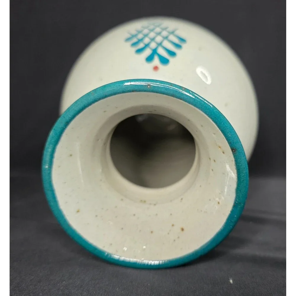 Hand Thrown Studio Pottery Vase Gray & Teal Blue Floral Stoneware Signed 6.75
